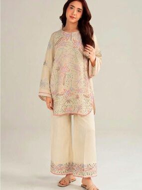 Cream Embroidered Midi Dress with Floral Detail - Women's